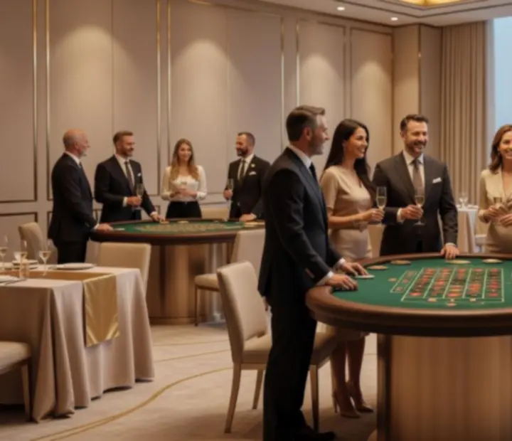 Elegancki event firmowy w stylu casino z gośćmi przy stołach