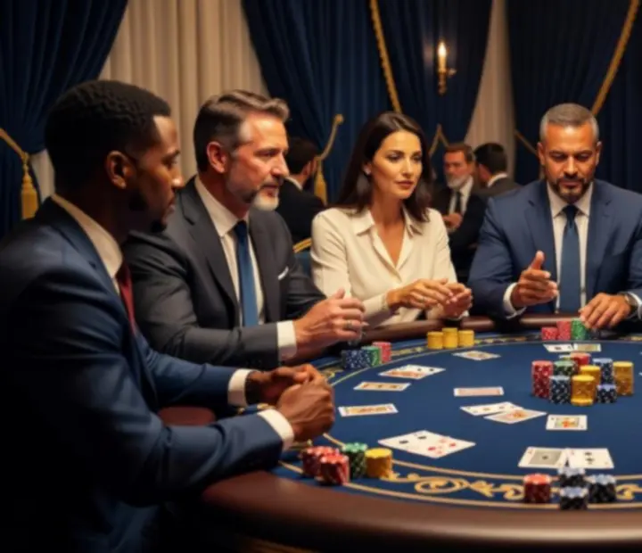 Goście firmowego eventu grający przy stole pokerowym w formule rozrywkowej