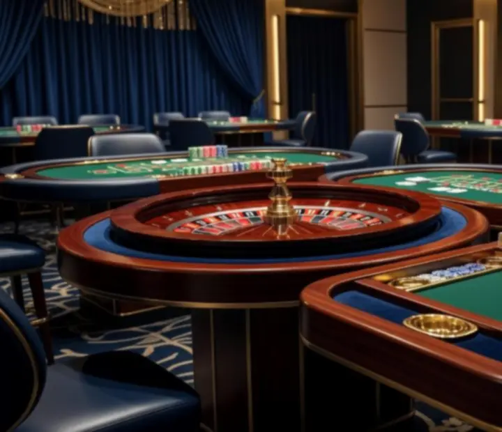Eleganckie stoły casino z ruletką, blackjackiem i pokerem podczas eventu BUILDING PROFESSIONAL COMPANY BYDLINO II